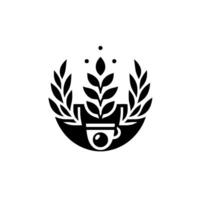 Minimalist Black and White Coffee Cup with Grains, Leaves, and a Circular Frame. Aromatic, Natural, Simple. vector