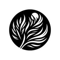 Abstract black and white illustration of a stylized feather within a circular frame, with a bright crescent moon. vector