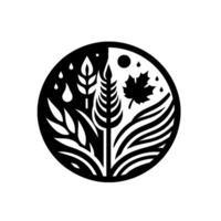 Black and White Circular Emblem Natures Elements, Wheat, Rainfall, Leaf, Moon and Earthly Patterns. vector