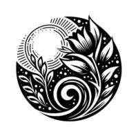 Black and white floral within a circle, featuring a flower, leaves, swirling pattern, and a stylized sun. vector