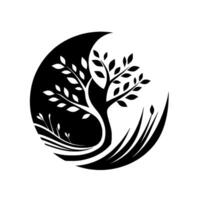 Yin and Yang Tree A monochrome illustration of a tree with leaves and branches within a circular, balanced, black and white composition evoking harmony. vector