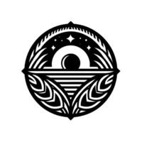 A stylized black and white circular emblem featuring a cosmic eye above a segmented triangle and ornate patterns. vector