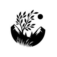 Minimalist black and white nature illustration featuring a tree between two mountains, tall grass, and a sun, inside a semicircle. vector