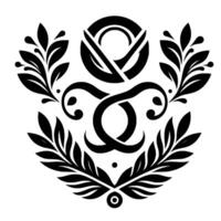 Elegant Black and White Ornamental Design Laurel Wreath and Swirls Centered Around a Symbolic Circular Motif. vector