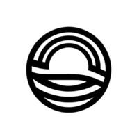 A minimalist, stylized, representation of a sunrise or sunset over a stylized ocean, created with overlapping, curved black lines inside a circle on a white background. vector