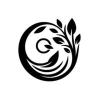A minimalist black and white emblem featuring a stylized tree branch with leaves gracefully entwined within a swirling circle, representing growth. vector