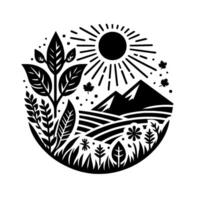 A circular minimalist nature illustration, featuring a stylized landscape with mountains, fields, foliage, sun, and falling leaves in a black and white palette. vector