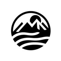 Black and white circular depicting mountains, a sun, and water waves, creating a minimalistic and natureinspired emblem. vector
