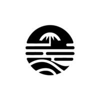 Minimalist Black and White Circular Depicting a Tropical Scene Palm Tree, Waves, and Horizon Under the Sun. vector