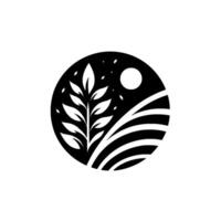Stylized black and white circular featuring a plant against a night sky, moon, and stylized fields, evoking tranquility and growth. vector