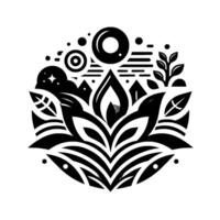 A stylized, symmetrical black and white floral mandala composition with geometric, natural, and celestial elements, creating a harmonious visual balance and a modern, minimalist aesthetic. vector