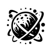 Celestial Icon A monochrome planetary illustration, stylized with craters, crescent shapes, starlight accents, and surrounding orbits, rendered in a clean, modern aesthetic. vector