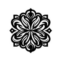 Intricate, symmetrical black and white floral mandala design, radiating outward from a central point, highlighting a delicate balance of form and negative space. vector