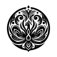 A symmetrical, elegant, black and white ornamental featuring a stylized phoenix within a circular frame, detailed with floral elements and dot accents. vector