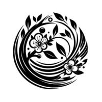Elegant Monochrome Floral and Leaf Emblem A Circular Arrangement of Blossoms, Tendrils, and Foliage in a Serene, Minimalist Style. vector