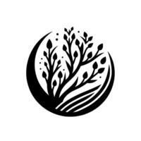 Minimalist Black and White of a Blooming Tree Inside Crescent Moon, Symbolic of Growth and Nature. vector