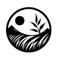 Minimalist YinYang Symbol Depicting a Landscape with Fields, Mountains, a Sun, and a Plant in Black and White. vector