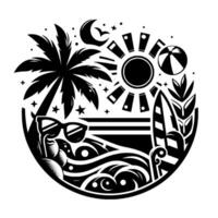 Monochromatic beach scene emblem palm, waves, sunglasses, sun, surfboard, crescent moon and stars, beach ball, surrounded in circle. vector