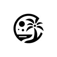 Minimalist Black White Beach Inside a Circle Palm Tree, Sky with Dots Landscape, Representing Tropical Paradise. vector