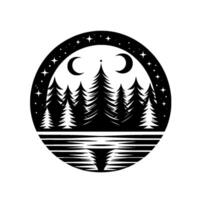 Serene Nightscape Silhouetted pine forest reflected in calm water beneath crescent moons and a starry sky, contained within a circular frame. vector