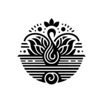 Elegant monochrome symmetrical circular emblem featuring a stylized swan, floral elements, and swirling patterns within a geometric frame. vector
