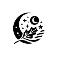 A whimsical, minimalist black and white featuring a crescent moon, stars, leaf elements, and horizontal lines within a circular frame, evoking a sense of tranquility. vector