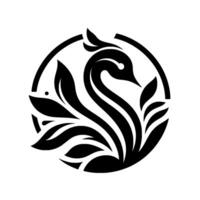 Elegant Black and White Logo A stylized swan emblem, framed by a circular border, interwoven with botanical leaves, conveying graceful simplicity and natural harmony. vector