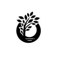 Minimalist Black and White Tree in Circle Design, Leaves and Branches, Circular Frame with Base. vector