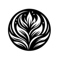 Symmetrical Black and White Leaf in Circular Frame with Dot Accents, a Decorative Botanical Emblem. vector