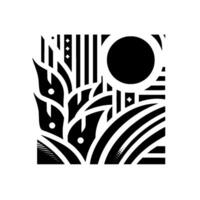 Abstract monochrome botanical featuring stylized leaves, a sun or moon shape, and geometric patterns creating a dynamic composition within a square frame, emphasizing contrasts. vector