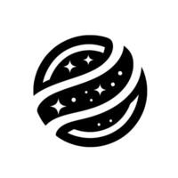A minimalistic black and white depicts a stylized planetlike form with orbiting ribbons and sparkling stars, evoking a sense of wonder. vector