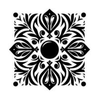 Symmetrical Black and White Floral Square Pattern A Detailed Illustration of Foliage and Geometric Shapes Centered on a Dark Circle, Element. vector