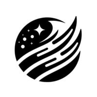 Abstract black and white depicting a stylized celestial sphere with stars and cometlike streaks. vector
