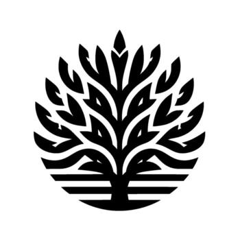Stylized Black and White Tree Icon A Representation of Natures Growth Within a Circular Frame with Horizontal Lines at the Base vector