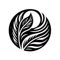 A stylized black and white illustration of a leaflike shape enclosed within a circular frame, exuding a sense of organic elegance, simplicity, and tranquility. vector