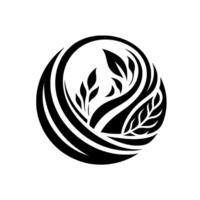 Intricate black and white circular showcasing stylized leaves and organic flowing shapes, symbolizing growth and nature, set against a plain white background. vector