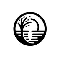 A minimalist, stylized black and white emblem featuring a tree with a bridge over water, enclosed within a circle. vector
