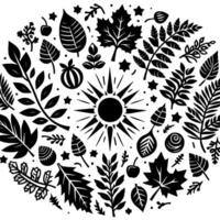 Circular Black and White Illustration featuring sun, leaves, berries, branches, stars, and other natural elements arranged in a symmetrical pattern. vector