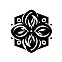Intricate Black and White Geometric Mandala Featuring Floral and Eyelike Elements Within a Hexagonal Frame, Isolated on White. vector