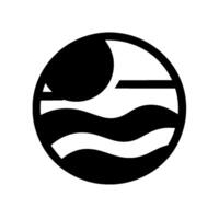 Abstract monochrome featuring a circle enclosing a crescent moon, waves, and a horizontal bar, evoking serenity. vector