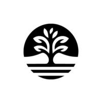 Minimalist Tree in a Circle Black and White with Leaves, Trunk, and Horizon Lines for a Sustainable Brand. vector