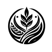A stylized, symmetrical black and white featuring an abstract wheat stalk, stylized leaves, and flowing lines encased within a circular frame. vector