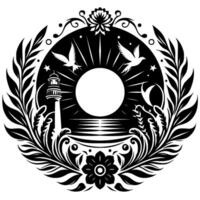 Intricate Monochrome Circular Design Lighthouse and Waves framed by floral and foliage patterns, birds soaring near sun. vector