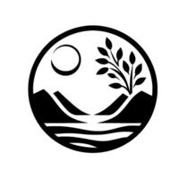 A minimalist black and white emblem featuring a stylized landscape with a mountain range, a crescent moon, a blossoming tree, all framed within a circle. vector