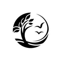 Abstract Black White Symbolic Composition Tree and Birds Within a Circular Frame Representing Natures Harmony vector