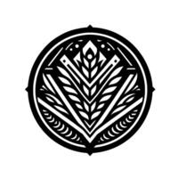 Minimalist Black White Circular Emblem featuring stylized wheat and leaf elements within a geometric framework, resembling a badge. vector