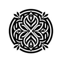 A symmetrical, black and white, ornate circular featuring floral and geometric elements, enclosed within concentric rings, evoking elegance. vector