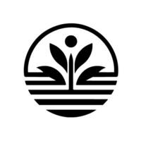 Abstract, circular featuring a stylized plant motif within a segmented circle and a dot representing a figure. vector