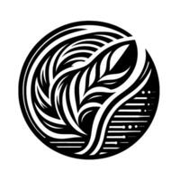 Abstract black and white of a stylized leaf with flowing lines and patterns, contained within a perfect circle. vector