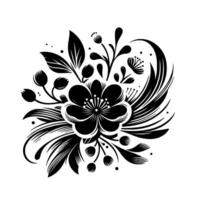 Elegant Black and White Floral Illustration Detailed depiction of a central flower surrounded by stylized leaves, buds, and flowing lines, creating a symmetrical and ornamental design. vector